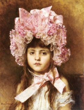 アレクセイ・ハルラモフ Painting - ピンクのボンネットの少女の肖像画 アレクセイ・ハラモフ
